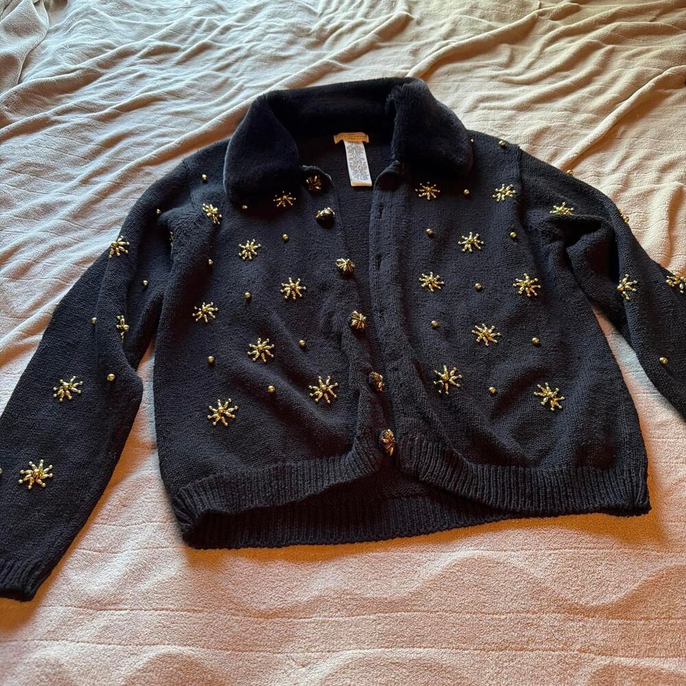 Vintage Yarnworks Gold Starburst Beaded Cardigan with Detachable Collar Size M